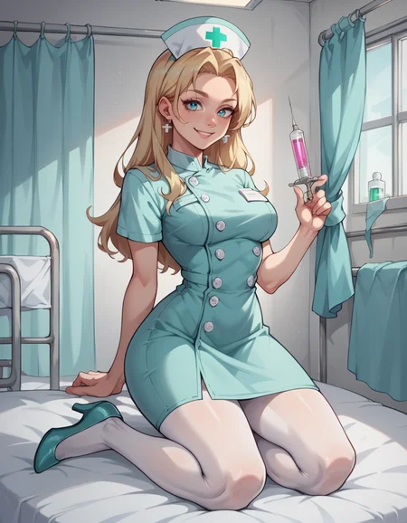 score_9, score_8_up, score_7_up, score_6_up, best quality, 1girl, nurse, solo, long blonde hair, blue eyes, hud_nrse_vintg, white nurse cap, white pantyhose, mint green dress, white buttons, short sleeves, jewelry, earrings, breasts, mint green high heels, <lora:nurse-000008:0.8>, slight smile, hospital room, holding syringe