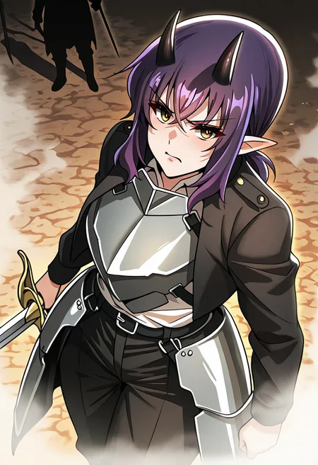 1girl, solo, (( <lora:bought_by_the_demon_lord_style:1> , bought_by_the_demon_lord_style, ozma_zoroaster, thin waist, wide hips, beautiful skin, piercing amber eyes, clear eyes, bright pupils, beautiful eyes, beautiful purple hair, beautiful long hair, low ponytail, hair between eyes, bangs, big and shaggy breasts, natural beauty, extraordinary beautiful woman, attractive woman, super sexy woman, lustful body, sexy woman with seductive obscene body, sensual body, voluptuous body, sexy beauty, no piercings, no piercing, pointy ears, sharp black demon horns, )) , ((light armor, open black jacket, metal breastplate, white shirt, black trousers with black belt, metal hip armor, )) , rapier sword with gold crossguard and shield, going berserk, angry, wielding rapier sword, in the fog, silhouette, small village on fire, fantasy, medieval, feudal, from above, focus character, close up face,