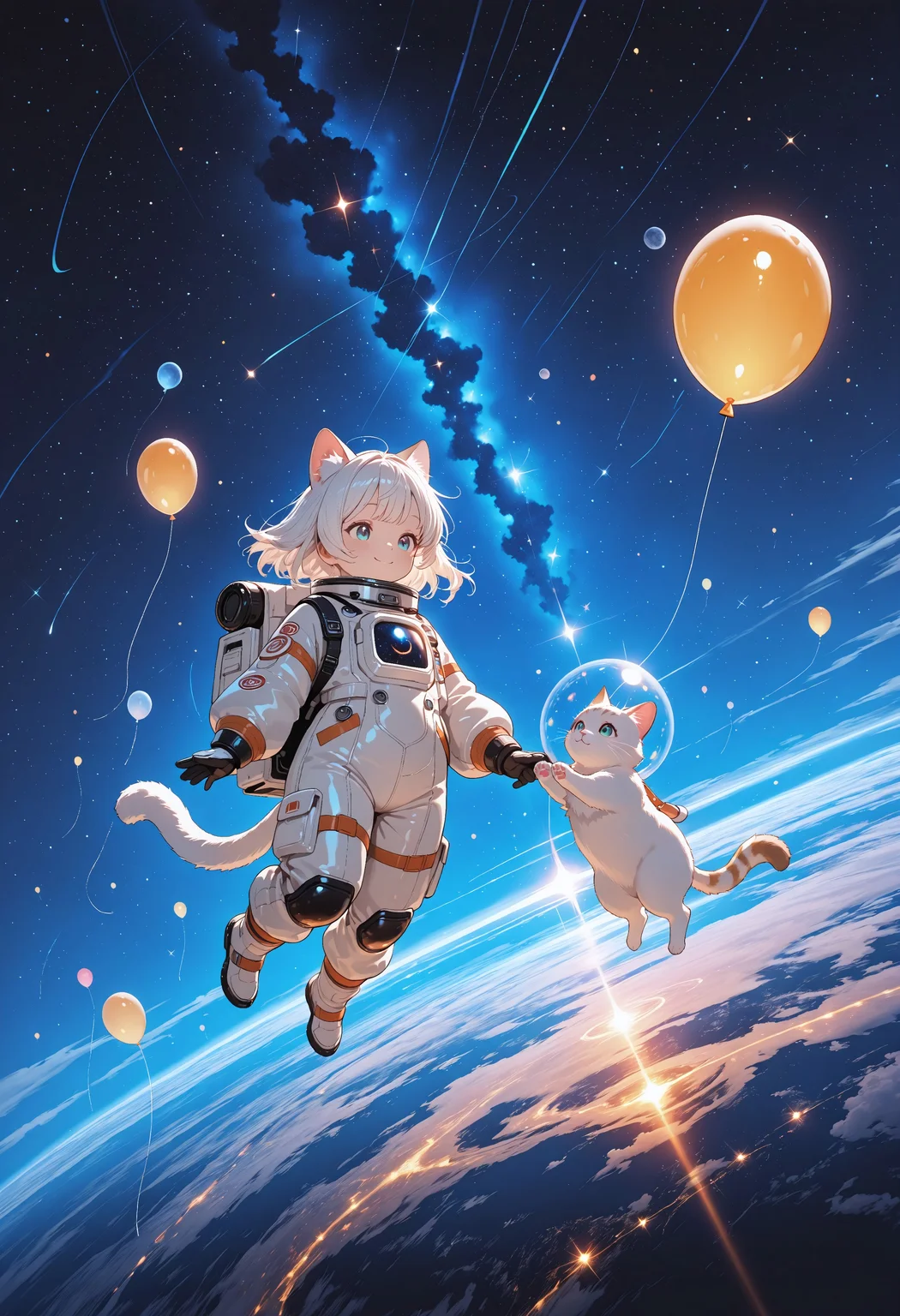 lazypos, refined details, high quality, highres, cinematic lighting, absurdres, 8k, detailed, highest definition, (masterpiece, best quality, ultra-detailed, full body, very aesthetic, fantasy art style, cute astronaut, 1girl, child in spacesuit, space suit with cat ears, floating, smiling, short white hair, round face, childlike), (2 cats, white cat, fluffy cat, floating cat, adorable cats, interaction), moon balloon, glowing balloon, sparkles, dreamy expression, soft shading, soft colors, character design art, fantasy, artistic, beautiful lighting, delicate details, BREAK, outer space, stars, sparkling sky, planet below, magical atmosphere, cosmic scene, glowing stars, orbit rings, celestial objects, smooth gradients, dreamlike quality, ethereal atmosphere, atmospheric, absurdres, newest, beautiful composition, soft glow