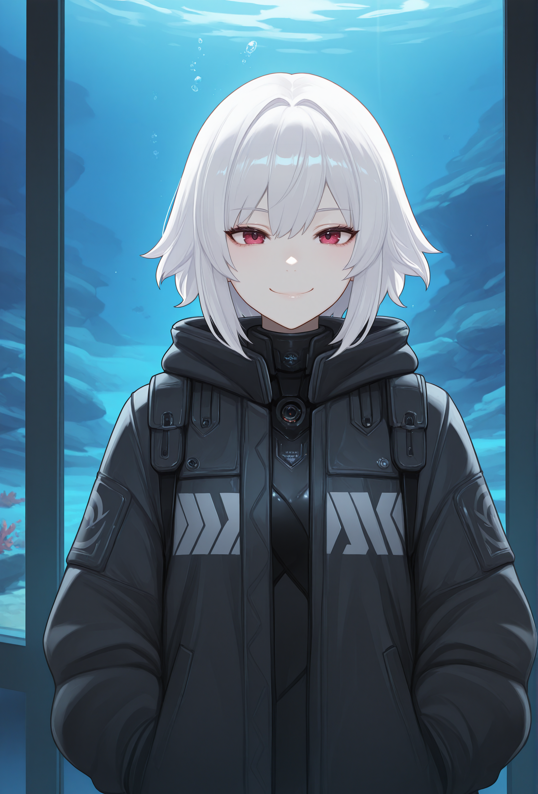 (masterpiece, best quality, very aesthetic, absurdres:1.2), 1girl, science fiction, aquarium, pale skin, white hair, straight-on, jacket, looking at viewer, smile, <lora:rezodwell_style_illustrious_v1:1> rezostyle