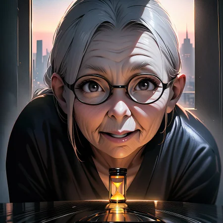 (graphic novel style, dark novel style:1.5),(anime), (masterpiece:1.4), (soft cinematic light:1.1), incredibly lifelike, Extremely high-resolution details, 8k, best quality,extremely detailed, contrast,
high tech design,
 gallery of contemporary art, inside, portrait old woman against the backdrop of a giant floor-to-ceiling window, through which one can see a city landscape with skyscrapers and a sunset , open mouth, one portrait ((elderly)) woman in a ((black long dress)) and black high-heeled shoes, elderly, old woman, [Nordic], Hourglass elongated body, Oval Face, Long neck, Rounded shoulders, long slim thin arms, Attached Pointed ears, round forehead, (gray Updo short combed back hair), snub nose, Arched eyebrows, Monolid black Eyes, High Round Narrow cheekbones, Hollow Cheeks, Rounded Chin, Rounded Jawline, thin Lips, (black eyes), (square glasses), (Wrinkles),