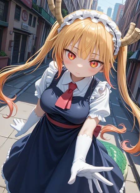 score_9,score_8_up,score_7_up,source_anime BREAK prefect lighting,very aesthetic,prefect hands,best quality,
intricate details,highly detailed background,(masterpiece:0.9),high quality,lustrous_skin,skindentation,(zPDXL3),
ultra delicate hair,
face_detail,
skin_detail,<lora:cfg_scale_boost:0.5>,
lustrous_skin,skindentation,
shiny skin,
<lora:Tohru_Pony:1>,Tohru_(Maidragon),
orange_eyes,slit_pupils,blonde_hair,long_hair,gradient_hair,twintails,large_breasts,dragon_girl,dragon_horns,(dragon_tail:1.1),maid_headdress,blue_dress,red_necktie,puffy_short_sleeves,white_gloves,elbow_gloves,collared_shirt,frills,
masterpiece,best quality,score_9,score_8_up,score_7_up,ultra-detailed,Best-A,Medium-B,Low-C,Bad-D,
cute,light_blush,city,street,dynamic_angle,flustered,from_above,hands_on_hips,