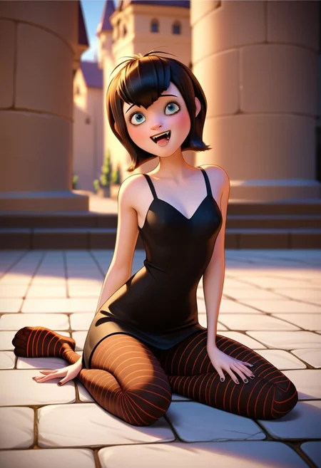 score_9, score_8, score_7, score_6, rating_questionable, Mavis, pantyhose, 1girl, sitting on a stone floor, castle, sexy pose, happy, small vampire fangs, shoulders exposed