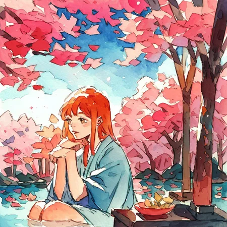 score_9, score_8_up, score_7_up, score_6_up, watercolor painting, japanese calligraphy, 1woman, human Japanese woman sitting, orange hair, flowers, sakura tree, pink leaves, pond