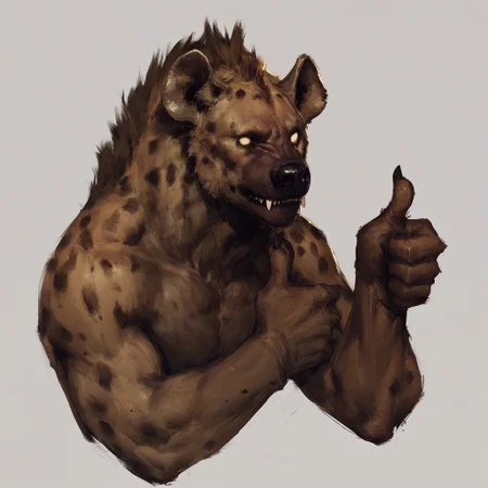 Score_7_up, score_8_up, upper body, solo, solo male, 1boy, werehyena, monster, brown fur, spotted fur, no pupils, closed mouth, closed mouth, fangs out, (thumbs up), simple background,