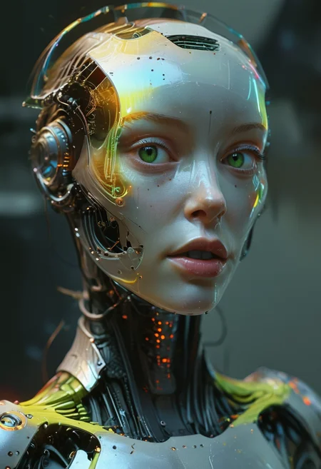 portrait, woman, alien, strange, future tech, implanted cyborg, futurism, biotech, biohack, cybernetic, machine and human fusion, dynamic pose, mechanical human, mechanoid, android,  unreal engine, ray tracing, Anti-Aliasing, Anisotropic Filtering, Depth of Field, Bump Mapping, 3D Texture Mapping, God Rays, Global Illumination, Total Clarity, Well-Defined Edges, Perfectly Focused, absurdres,  <lora:SDXL\add-detail-xl:1>, <lora:SDXL\MJ52:1>, <lora:SDXL\ral-hlgrphic-sdxl:1.0>