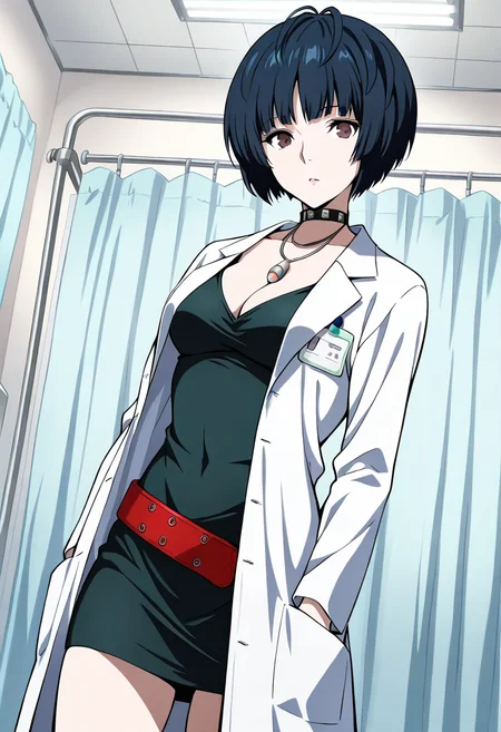 1 girl, solo, cute face,
p5tae, tae takemi, short hair,
labcoat, necklace, choker, studded collar, short dress, dark green dress, cleavage, red belt,
cowboy shot,
infirmary, hospital room, looking at viewer,
masterpiece, best quality, ultra detailed