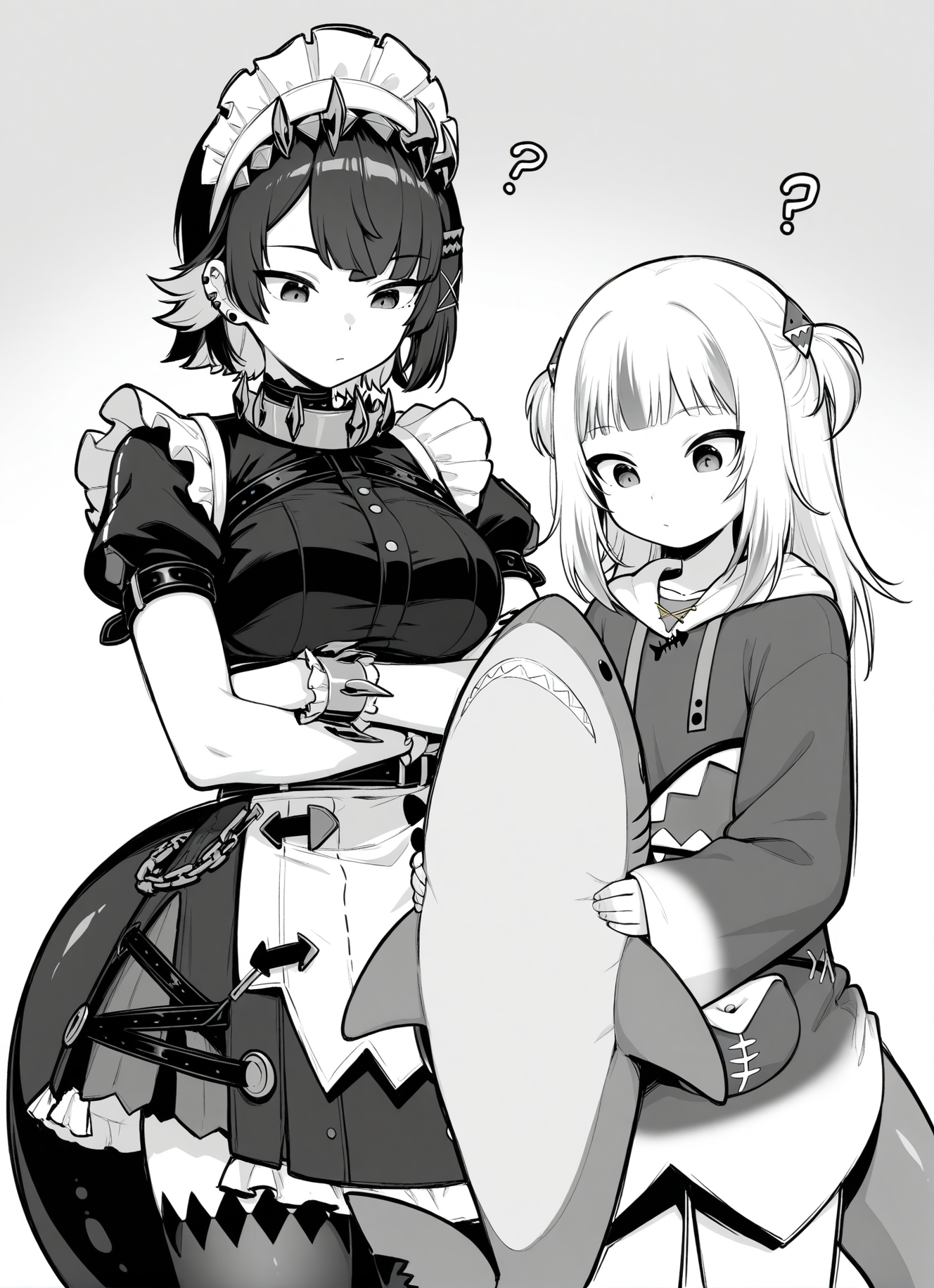2girls, masterpiece, gawr gura, ellen joe, shark girl, shark tail, greyscale, monochrome, standing, holding stuffed toy, stuffed shark, looking down, ?, crossed arms,