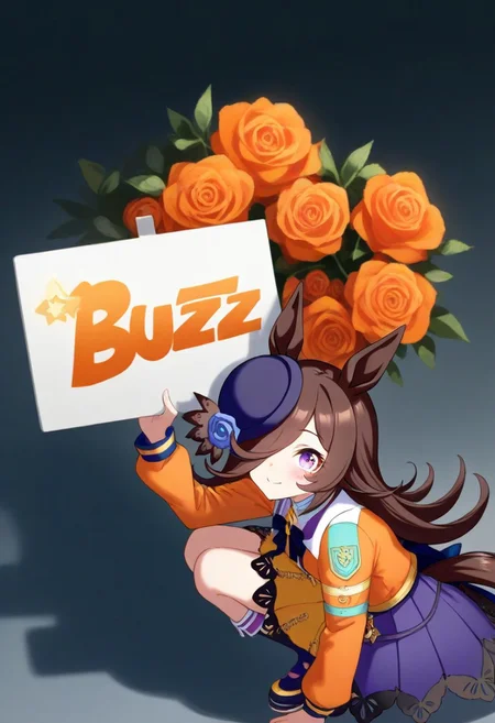 (umamusume,rice_shower_(umamusume),) 1girl, long_hair, long_sleeves,, solo, (need_buzz, buzz, need_buzz, holding sign, holding sign ),
, blood orange style,from side,
orange flower, orange jacket, orange rose,
(animal_ears, blue_skirt, brown_hair, flower, hair_over_one_eye, hat, horse_ears, horse_girl, horse_tail, jacket, long_hair, looking_at_viewer, purple_eyes, purple_hat, rose, skindentation, skirt, smile, solo, standing, tail,
linea_alba,squatting, looking at viewer, tilted_headwear, shaded face, fake smile, nervous sweat, wavy mouth, , very awa, :0.8)