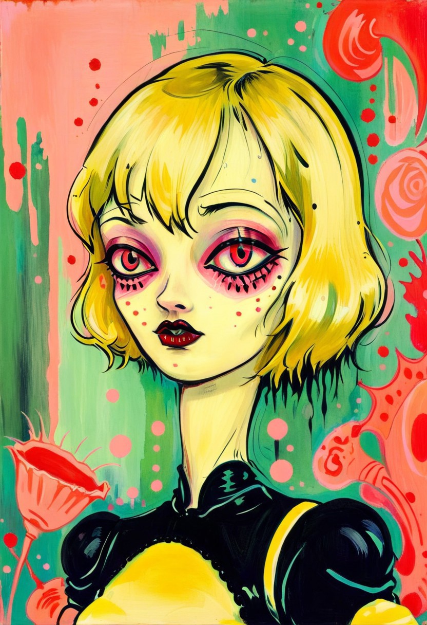 score_9, score_8_up, score_7_up, score_6_up, 
1girl, solo, looking away, short hair, bangs, blonde hair, a painting of, in the style of camille-rose-garcia