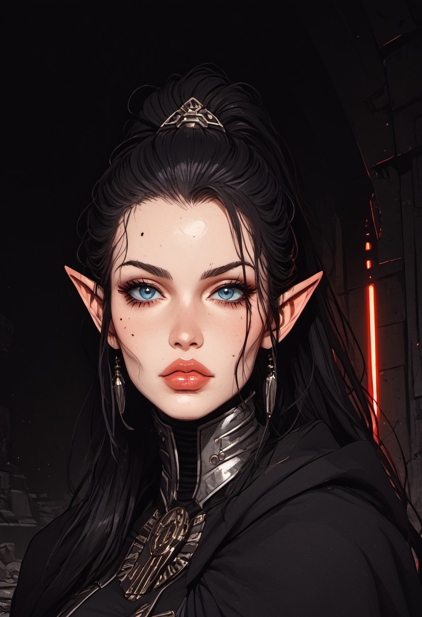 score_9, score_8_up, score_8, ((full-body portrait)), Science Fiction, Star Wars, perfecteyes, ultra detailed, high resolution, high quality, masterpiece, intricate details, intricate body, intricate landscape, knva, Expressiveh, European Instagram Model, upper body shot, low light, dungeon, ruins, green glow, black background, ard3nSW
BREAK
1girl, source_cartoon, mature female, Elf, pointed ears, beautiful, 30 years old, yvraine, long hair, jewelry, very long hair, ponytail, earrings, pointy ears, <lora:Darth Revan PONY v1.0:1>, (mole above lips, mole under eye), 7-darthrevan, 1girl, beautiful, (black hair), messy hair, blue eyes, pale skin, full lips, french, black cloak, armor, belt, skirt, boots, looking at viewer,