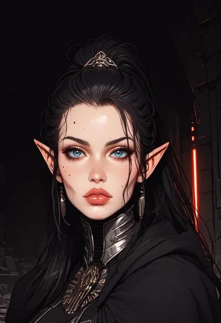 score_9, score_8_up, score_8, ((full-body portrait)), Science Fiction, Star Wars, perfecteyes, ultra detailed, high resolution, high quality, masterpiece, intricate details, intricate body, intricate landscape, knva, Expressiveh, European Instagram Model, upper body shot, low light, dungeon, ruins, green glow, black background, ard3nSW
BREAK
1girl, source_cartoon, mature female, Elf, pointed ears, beautiful, 30 years old, yvraine, long hair, jewelry, very long hair, ponytail, earrings, pointy ears, <lora:Darth Revan PONY v1.0:1>, (mole above lips, mole under eye), 7-darthrevan, 1girl, beautiful, (black hair), messy hair, blue eyes, pale skin, full lips, french, black cloak, armor, belt, skirt, boots, looking at viewer,