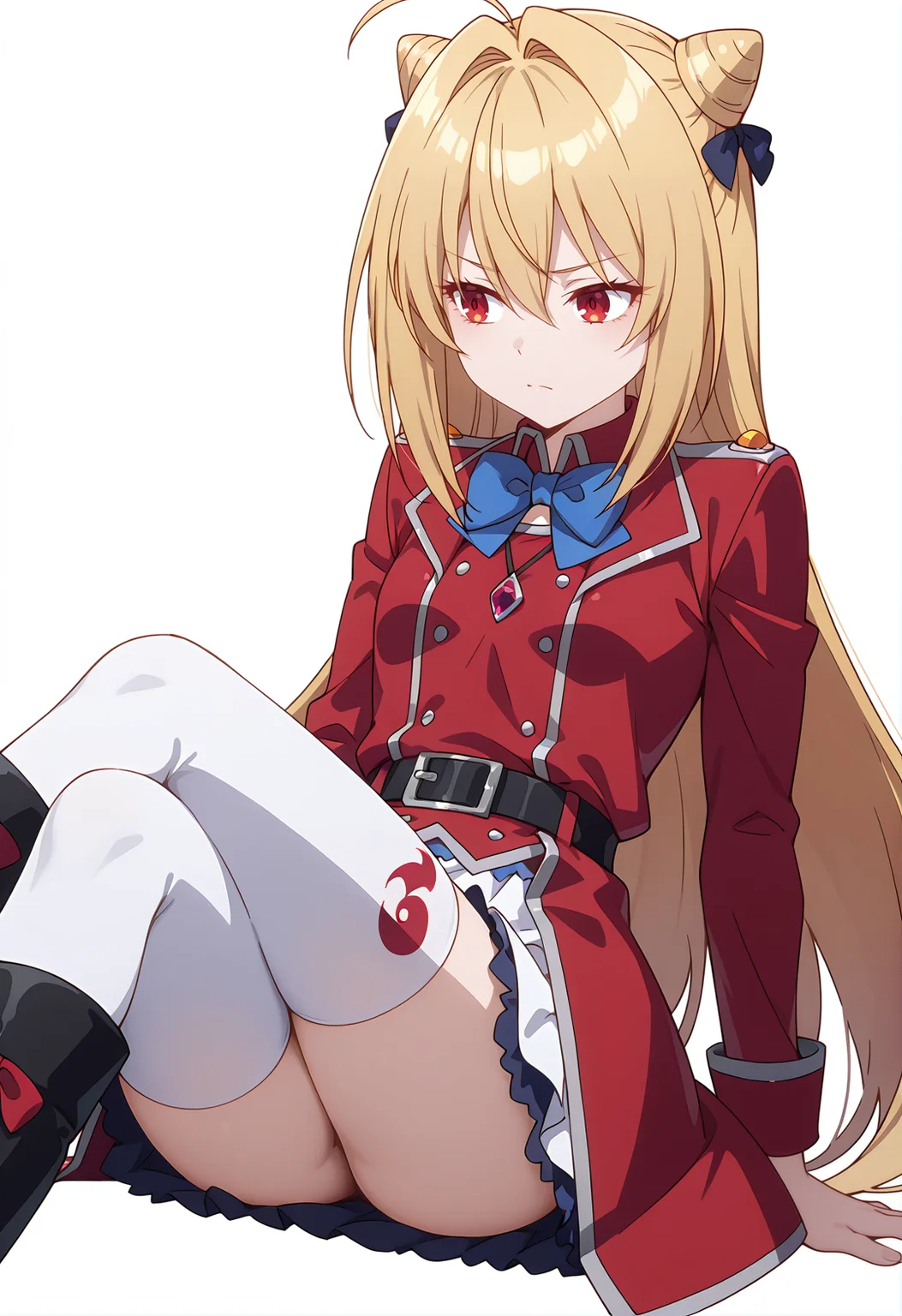 <lora:Terakomari GANDESBLOOD_illustrious-000058>,
Terakomari GANDESBLOOD,solo,thighhighs,sitting,white thighhighs,bow,black footwear,boots,blue bow,long sleeves,dress,bowtie,closed mouth,jacket,belt,blue bowtie,blonde hair,cone hair bun,red dress,red jacket,simple_background,white_background,cowboy_shot,crossed_legs