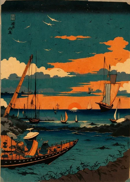<lora:keisai-eisen_pony_v1:1> ' ships in a harbor ' by eisen keisai in, bijinga \(genre\), ukiyo-e \(style\), landscape \(genre\)       ,
marina \(genre\)        
,ocean,sunset, score_9, score_6_up, score_7_up