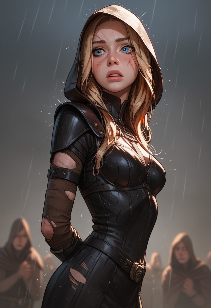 (score_9, score_8_up, score_7_up). (line work, excellent drawing, highest quality, extremely detailed:1.2). solo, 1girl, 24 year old woman, Battle Cleric, saint, vestal, hood, armor, religious, medium breasts, glossy lips, long lashes, blue eyes, blonde hair, innocent, cute face, pale skin, soft skin, scared, determined, injured, slut face, nympho, horseriding skirt, fantasy, dnd, g0thicPXL, romantic, source_cartoon, depth of field, medium distance, cowboy_shot, semirealistic, dynamic angle, side view, in profile, dark background, raining, torn clothes, muddy clothes, dynamic pose,