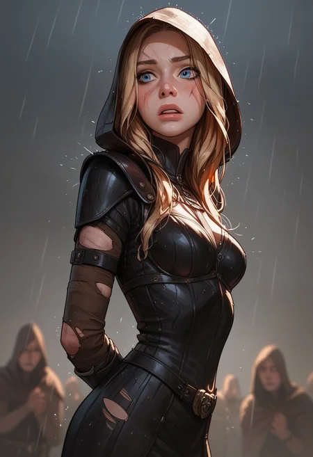 (score_9, score_8_up, score_7_up). (line work, excellent drawing, highest quality, extremely detailed:1.2). solo, 1girl, 24 year old woman, Battle Cleric, saint, vestal, hood, armor, religious, medium breasts, glossy lips, long lashes, blue eyes, blonde hair, innocent, cute face, pale skin, soft skin, scared, determined, injured, slut face, nympho, horseriding skirt, fantasy, dnd, g0thicPXL, romantic, source_cartoon, depth of field, medium distance, cowboy_shot, semirealistic, dynamic angle, side view, in profile, dark background, raining, torn clothes, muddy clothes, dynamic pose,