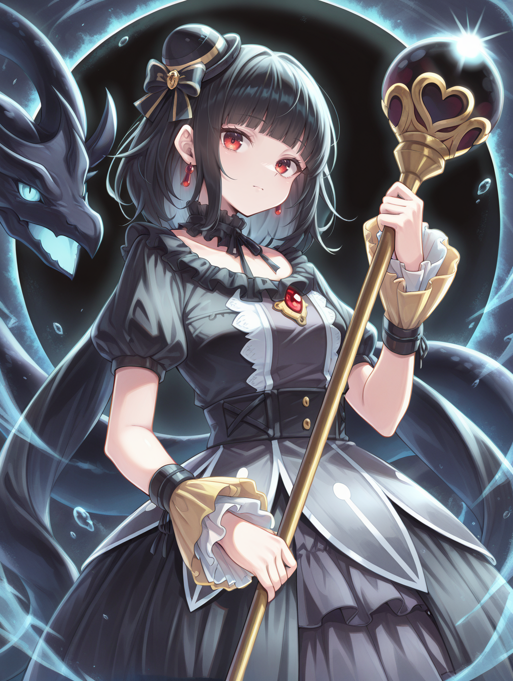 blunt bangs, moon of the closed heaven, 1girl, red earrings, looking at viewer, holding staff, staff, solo, closed mouth, black frilled choker, black mini hat, black princess dress, yellow wrist cuffs, solar eclipse, black dragon, 1other,
masterpiece,best quality,amazing quality,very aesthetic,apussbsurdres,newest,<lora:Moon of the Closed Heaven illuXL v1.1:0.72>,