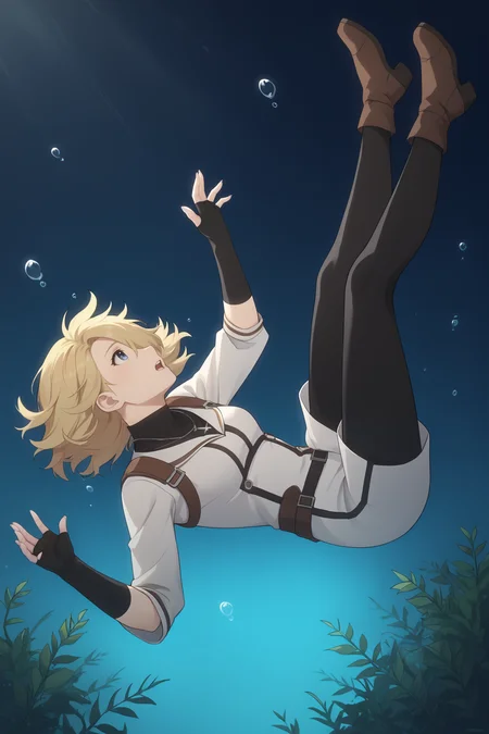 score_9, score_8_up, score_7_up, best quality, masterpiece, 4k, very aesthetic, source_anime, 1girl, white robe with blue accents, long blonde hair, blue eye, open mouth, panicking, (falling:1.3), from the side, sinking, underwater, side view, official art, solo focus, looking up, full body, absurdres, night sky, seaweed, light_rays, looking up, black legwear, bracer, tall brown boots, fingerless gloves, cross necklace, outstretched arm, hair over one eye, profile, floating hair, <lora:Grimgar_Style:.6> grimfd, <lora:falling_pony:1> best_falling