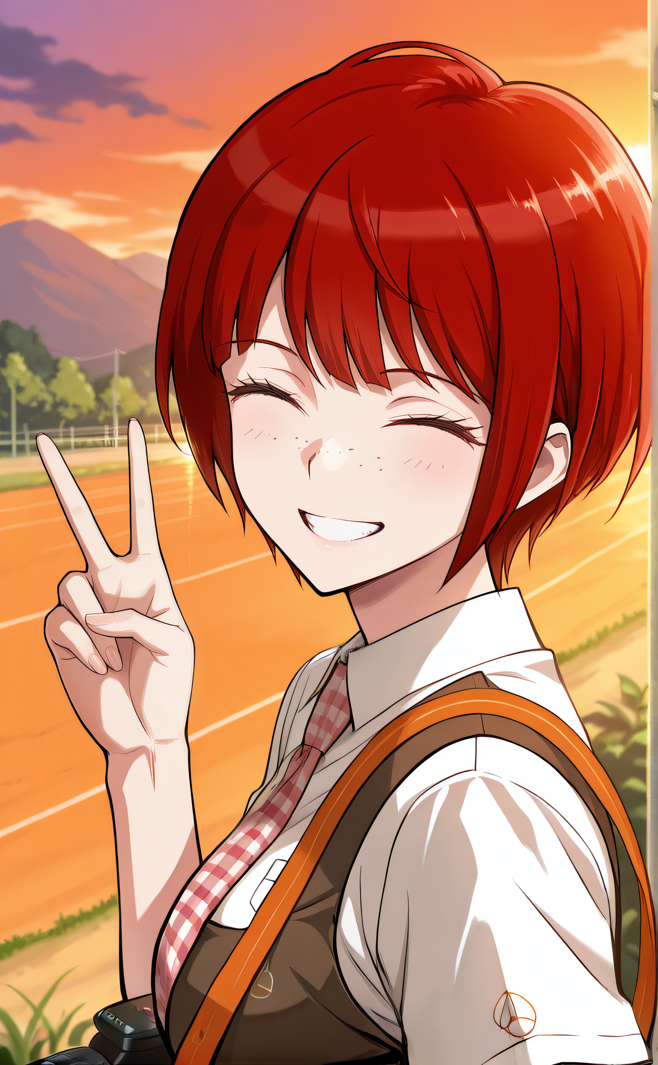 masterpiece, best quality, highres, scenery, newest, 1girl, solo, official style,  <lora:Koizumi_Mahiru:1>, mahiru, red short hair, closed eyes, freckles, white shirt, short sleeves, plaid necktie, pinafore dress, camera, smile, outdoor, sunset, looking at viewer, open mouth, teeth, grin, peace sign, hand up, upper body