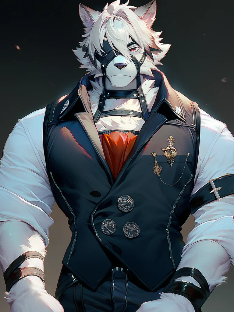 score_9, score_8_up, score_7_up, solo, detailed, male focus, <lora:von_lycaon-05:1>, von lycaon, red eyes, looking at viewer, eyepatch, solo, looking at viewer, shirt, male focus, pants, vest, eyepatch, black vest, one eye covered, grey fur