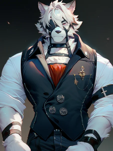 score_9, score_8_up, score_7_up, solo, detailed, male focus, <lora:von_lycaon-05:1>, von lycaon, red eyes, looking at viewer, eyepatch, solo, looking at viewer, shirt, male focus, pants, vest, eyepatch, black vest, one eye covered, grey fur
