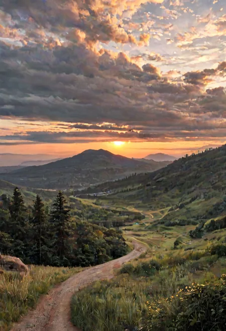 Medium: Photograph. Theme: A dirt road, green rice fields, a broad tree, a clear blue sky, a gravel bike leaning against a tree, distant mountains in the background, and soft sunset clouds. Mood: Calm. Lighting: Soft golden hour. Scene: outdoor scenery, water canal, sunset. Style: Realistic, bright colors, high-definition real shot