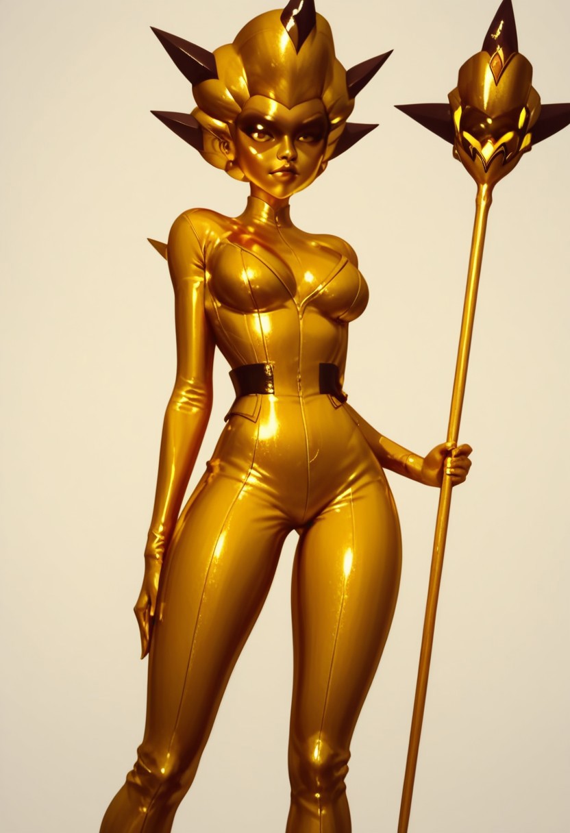 score_9, score_8_up, score_7_up, score_6_up, (g0th1c, glowing, neon lights), high quality, morimee_style, cute face, Expressiveh, Style Queen, golden skin, golden sclerae, golden hair, dark golden eyes, five dark ambers pointed stones attached around the front, golden blazer, Slim waist, wide hips, medium breasts, golden strapless jumpsuit, golden high-heeled boots,, staff, BREAK, simple background