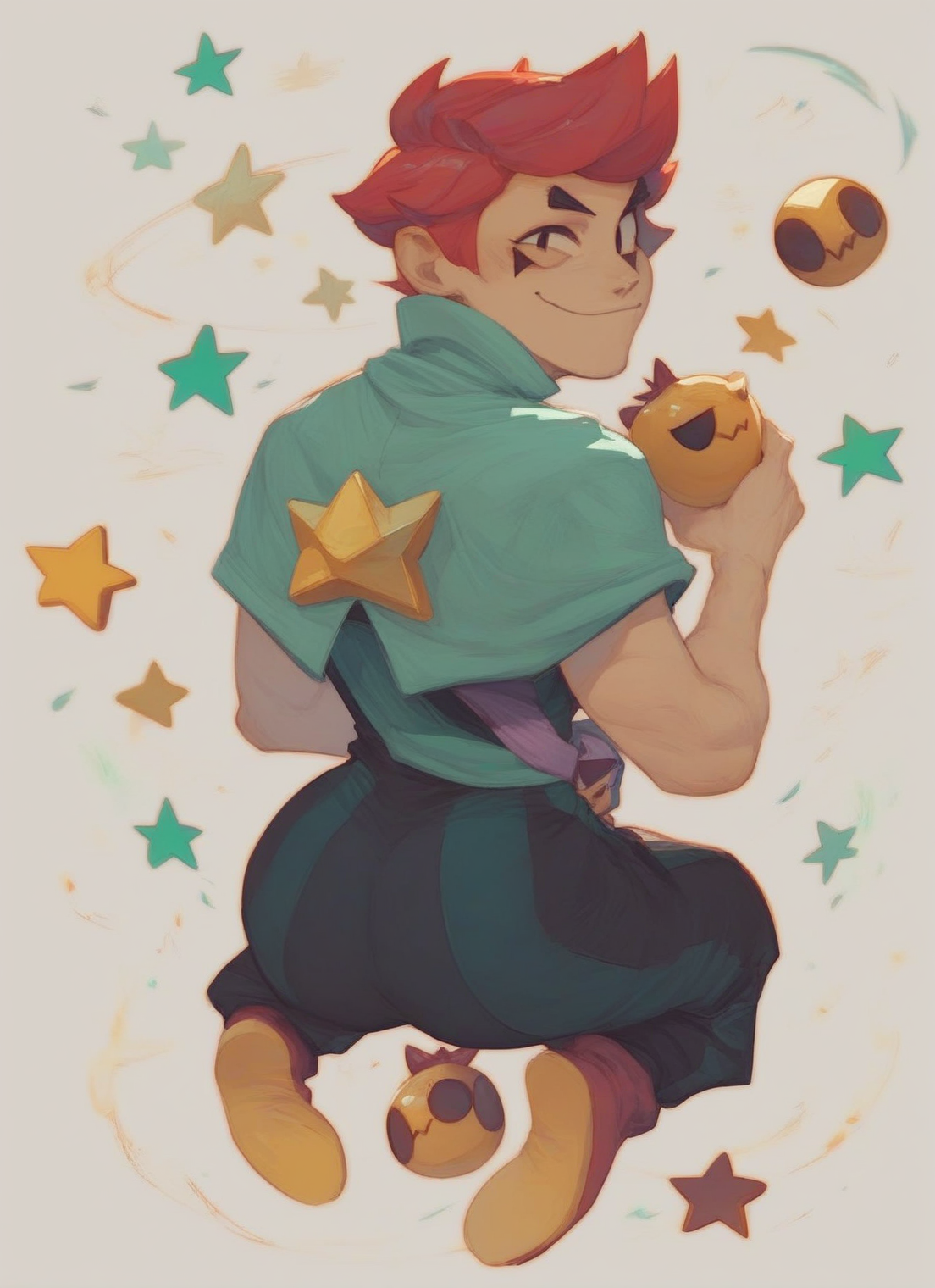 <lora:Chester:1> Chester, 1boy, red hair, short hair, star \(symbol\), looking at viewer, solo, male focus, closed mouth, light smile, from behind, looking back, huge ass, full body,, score_9, score_8_up, score_7_up, score_6_up, score_5_up, score_4_up,
