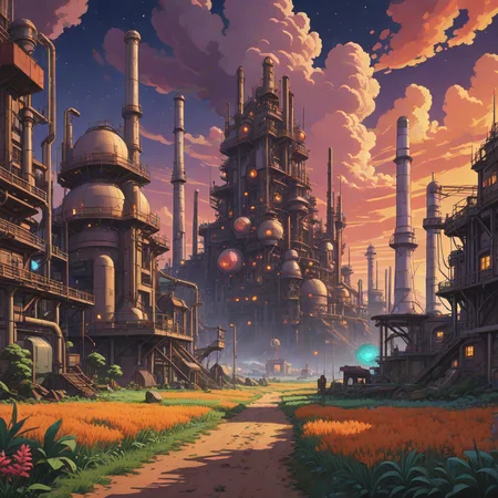designed by KÅji Morimoto and Studio Ghibli, colorful anime pixel art, landscape of a Pampas and Mesmerizing Space colony on another planet, it is Stunning and Arcadian, inside a Artistic Oil refinery, Grimdark, soft light, F/8 ,8k, masterpiece, best quality, hyperrealistic, superrealistic, photorealistic, ultra sharp, 16 bit colors, highres,