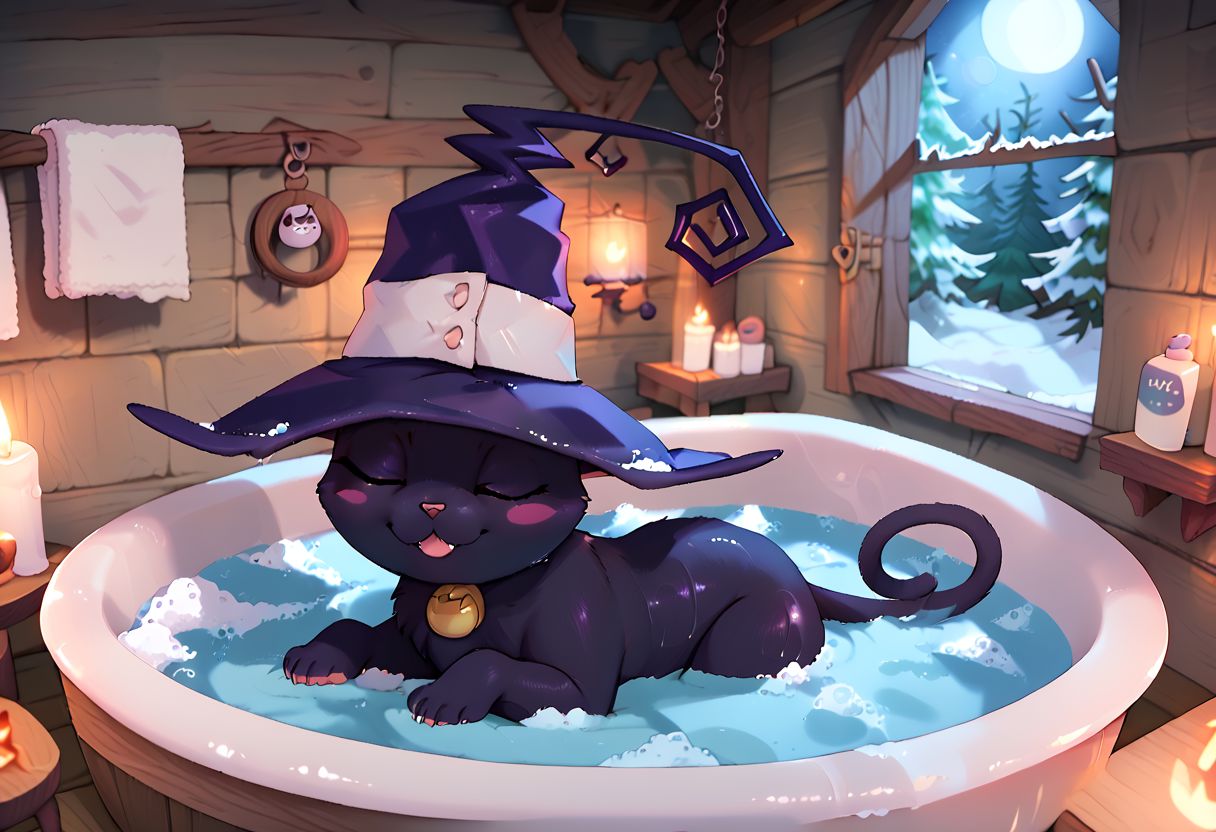 score_10 , score_9_up, score_8_up, score_7_up , score_6_up, vibrant colors, shiny_skin , prefect lighting, detailed image, snoozing , BREAK, 
solo , ((feral , Cblair , cat , witch hat , black fur)) , 
inside , wooden house, snow forest, night , bathroom , bathtub , taking a bath in bathtub , soap bubbles,