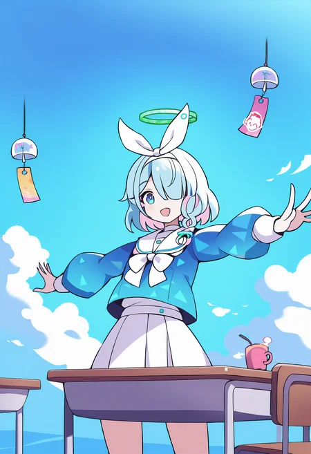 masterpiece, best quality,,detailed_background,outdoors,multicolored hair,white sailor collar,skirt,1girl,blue archive,sensei \(blue archive\),highres,spread arms,sailor collar,pink hair,doodle sensei \(blue archive\),hair over one eye,blush,green halo,solo,open mouth,school desk,desk,weapon,wind chime,colored inner hair,halo,gun,arona \(blue archive\),short hair,pleated skirt,cup,outstretched arms,smile,ideolo,white skirt,blue hair,blue eyes