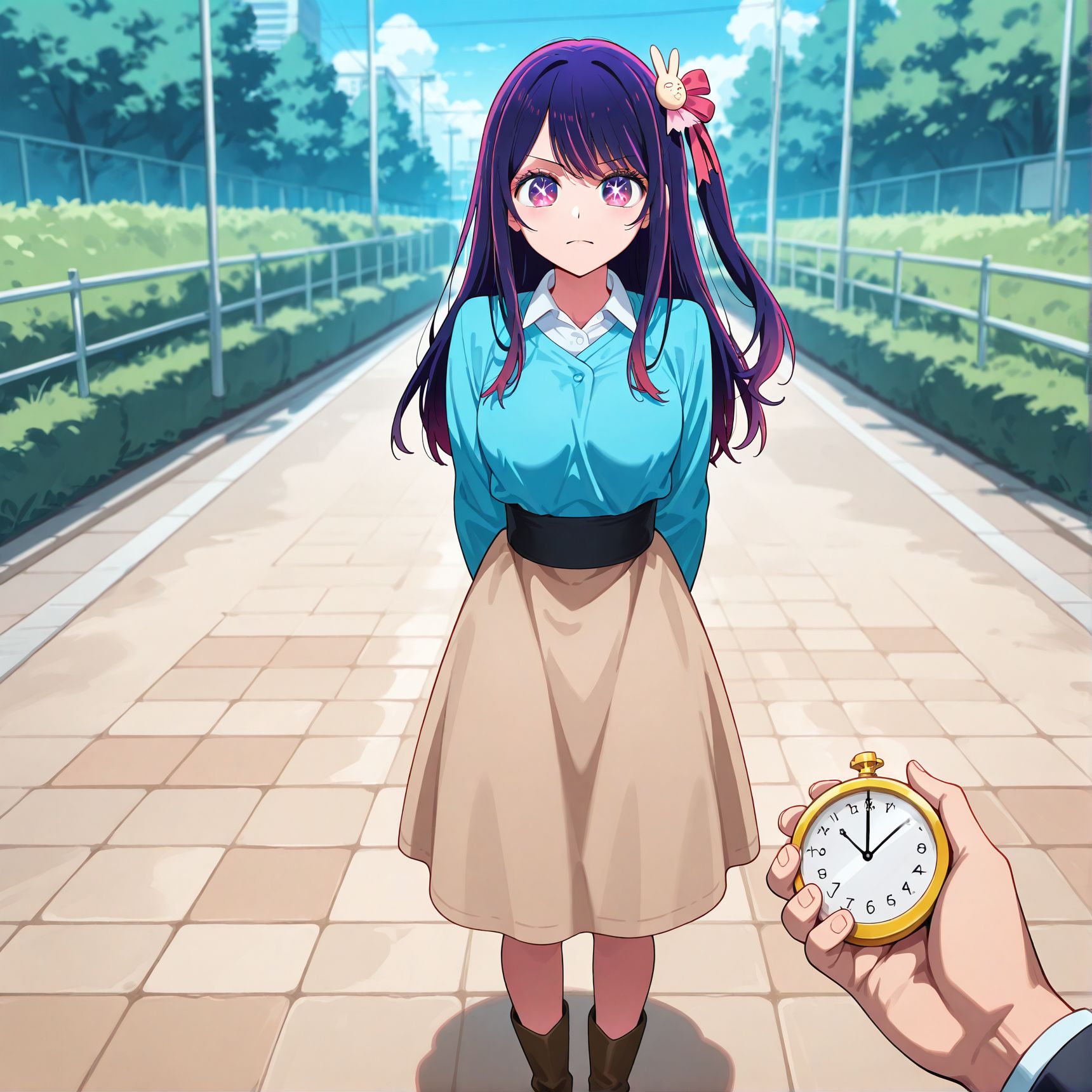 <lora:add-detail-xl:0.5>,,masterpiece,best quality,anime coloring,anime screenshot,
<lora:Female_Android:1>Female_AndroidV1,
1girl, 1boy, expressionless, standing, 
pov hand holding ,full body, arms behind back,  
The android’s movement has stopped,
instantly freezing the female android in place,
Female Android, expressionless,front view,
Female Humanoid Robot,stop watch, 
Motion-stopping controller,
outdoors, 
oshi no ko,  official art, 
hoshino ai, 
20YO, milf,