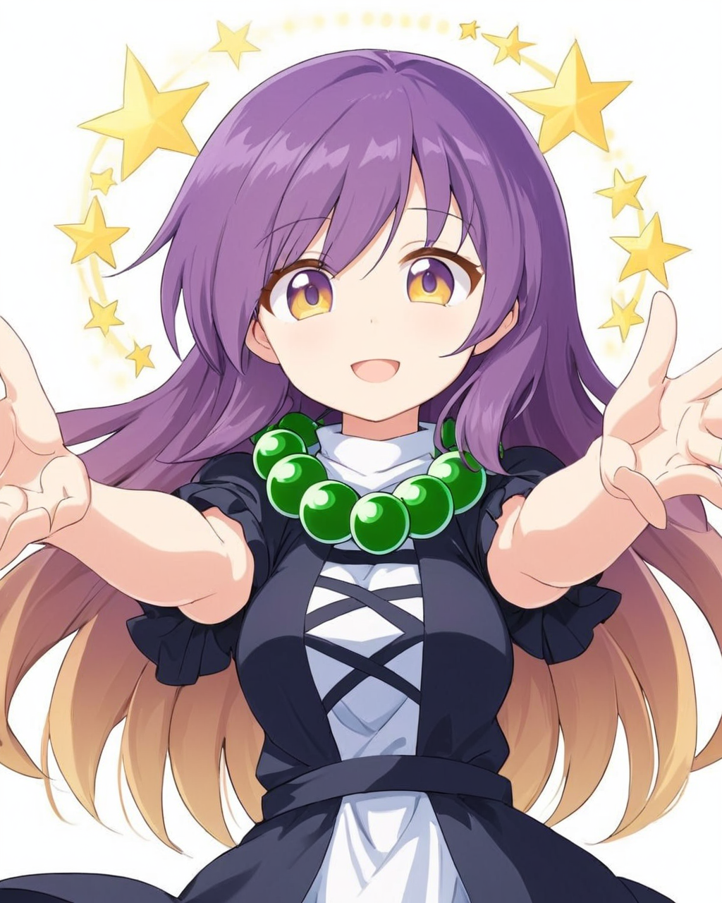 hijiri byakuren,1girl, solo, white_background, simple_background, cross-laced_clothes, looking_at_viewer, open_mouth, upper_body, one-hour_drawing_challenge, smile, white_dress, layered_dress, reaching_towards_viewer, puffy_short_sleeves, prayer_beads, black_dress, bead_necklace
<lora:hijiri_byakuren_image2907_2023-12-20:1>,star-shaped_pupils,symbol-shaped_pupils,. gorgeous,key visual, vibrant, studio anime,award-winning, professional, highly detailed,high budget, cinemascope