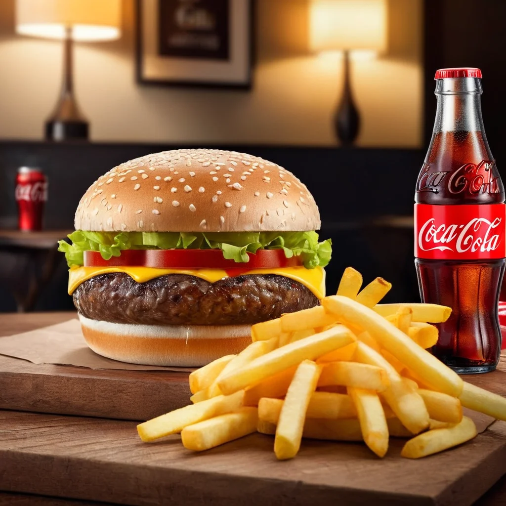 Advertising poster style, <lora:Advertising:1.5>
A creative photo of a hamburger and fries and coca cola are on a table advertising style, Professional, modern, product-focused, commercial, eye-catching, highly detailed