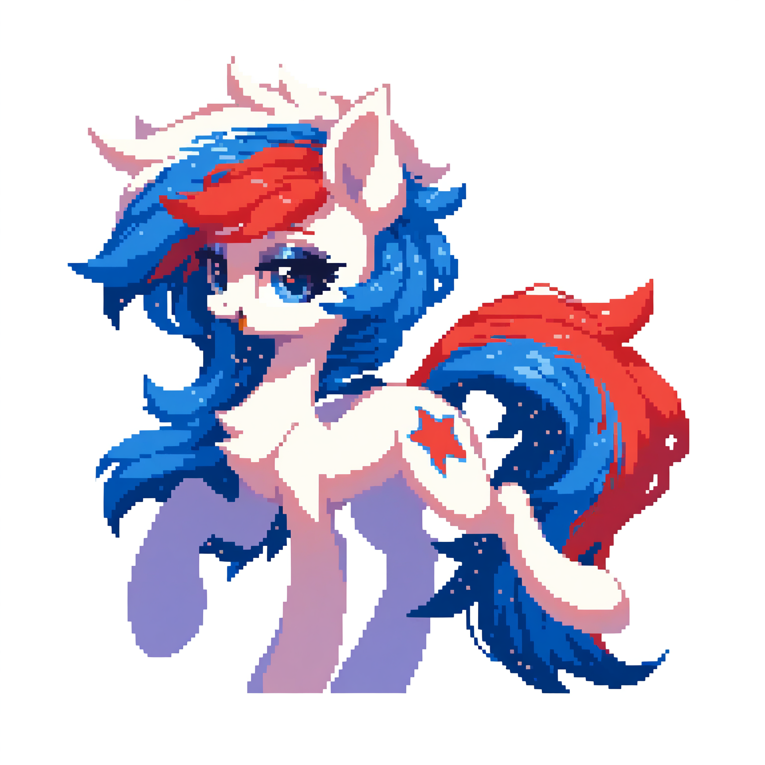 score_9, score_8_up, score_7_up, female, pony, long eyelashes, (fullbody:1), bedroom eyes, , detailed hair, detailed mane , <lora:Expressive_H:0.5>, expressiveh, happy, <lora:ArsMJStylePony_-_Watercolor:0.7>, arsmjstyle, pixelart,  <lora:Pixelart:1>,<lora:Marussia:1>, red blue and white tail, white main, red star cutie mark, ocmarussia