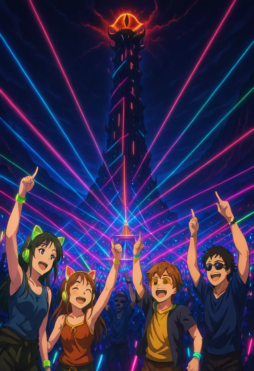 masterpiece, best quality, L0rd0fTh3R4v3s, long hair, smile, short hair, open mouth, blue eyes, multiple girls, brown hair, shirt, 2girls, animal ears, jewelry, collarbone, closed eyes, short sleeves, :d, outdoors, green hair, multiple boys, cat ears, 3girls, arm up, bracelet, night, fake animal ears, ^ ^, headphones, sunglasses, tank top, blue shirt, pointing, t-shirt, building, wristband, night sky, index finger raised, tinted eyewear, tower, crowd, pointing up ,<lora:SauronsRaveTower_IXL_v1:1.0>,