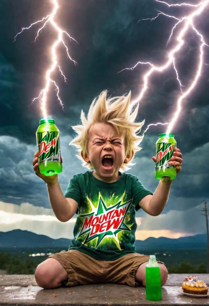 A young boy is holding a 2 liter of Mountain Dew soda pop in one hand and a cake in the other hand. He is going super saiyan and beams of light are shooting out of his eyes as he screams at the sky. The background is stormy with dramatic bolts of lightning and candy:1.4 falling from the sky