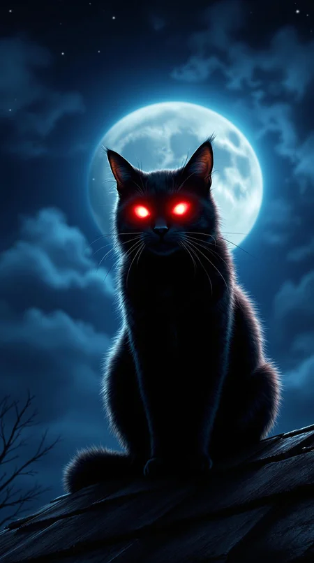 "In the moonlit night, a large black cat is sitting on the roof, and from its eyes, red light is coming out, which looks very frightening."