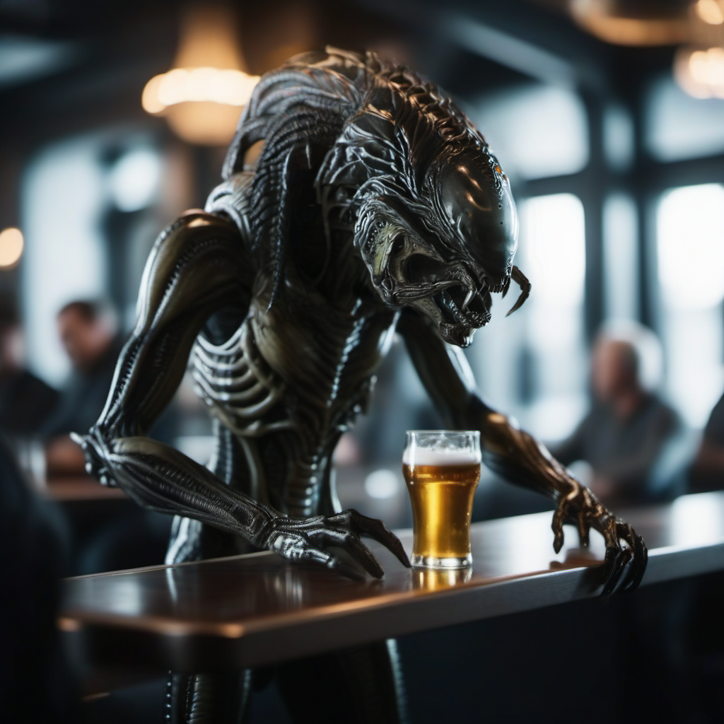 an alien, full body, having a beer in a pub  <lora:Predalien1024:0.8>