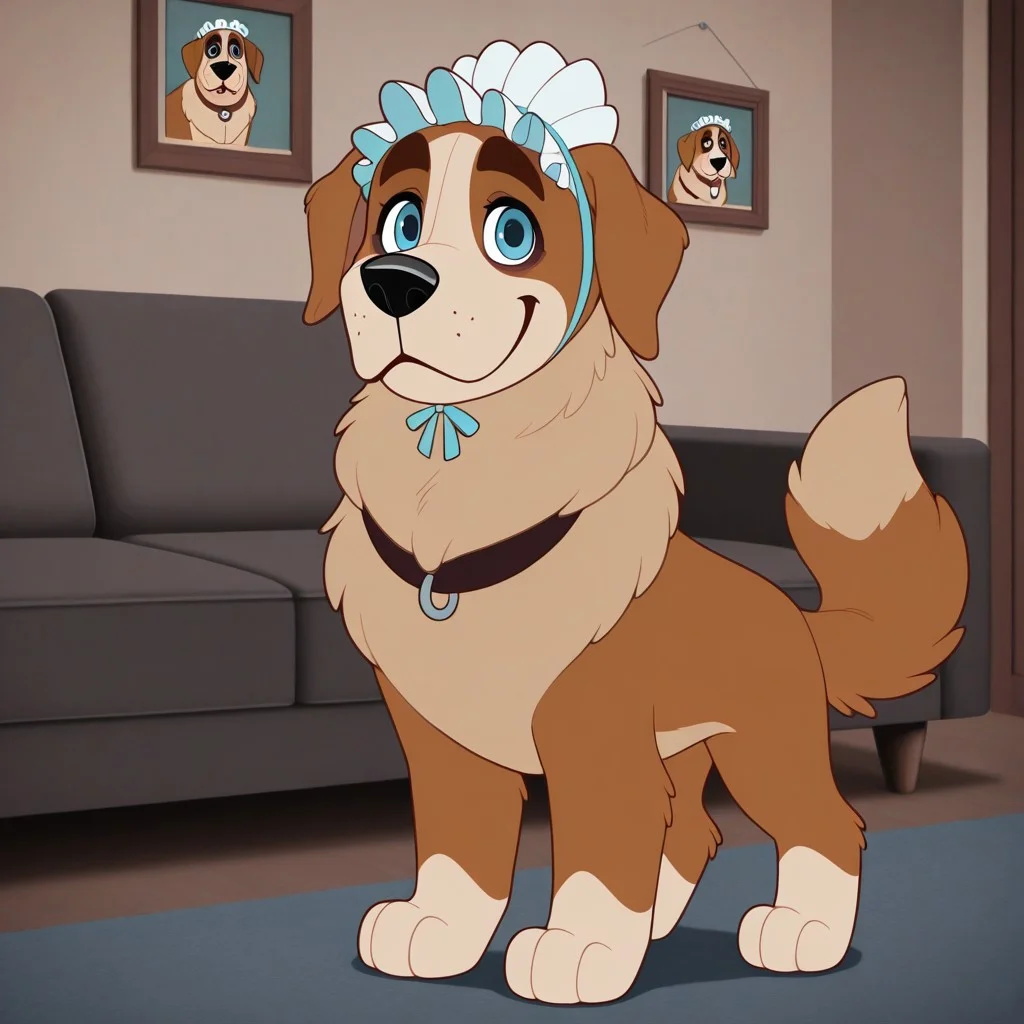 Nana(PP), Solo, 1girl, feral, dog, Saint Bernard, brown and tan fur, blue eyes, floppy dog ears, bushy dog tail, black nose, nursemaid hat, black collar, full body, looking at viewer, standing, smile, living room background,
