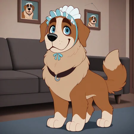 Nana(PP), Solo, 1girl, feral, dog, Saint Bernard, brown and tan fur, blue eyes, floppy dog ears, bushy dog tail, black nose, nursemaid hat, black collar, full body, looking at viewer, standing, smile, living room background,