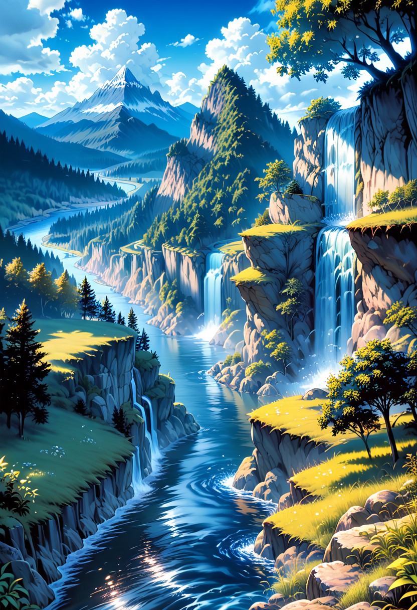 score_9, score_8_up, score_7_up, 1girl, FujisakaLP, Masterpiece, best quality, high quality, extremely detailed CG unity 8k wallpaper, landscape, outdoor, sky, cloud, sky, no humans, mountain, landscape, water, tree, blue sky, waterfall, cliff, nature, lake, river , cloudy skies, award winning photography, bokeh, depth of field, HDR, bloom, chromatic aberration, photorealism, very detailed, trending on artstation, trending on CGsociety, intricate, high detail, dramatic, midjourney art