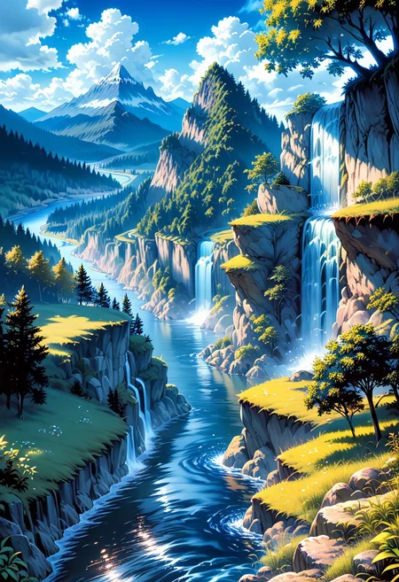 score_9, score_8_up, score_7_up, 1girl, FujisakaLP, Masterpiece, best quality, high quality, extremely detailed CG unity 8k wallpaper, landscape, outdoor, sky, cloud, sky, no humans, mountain, landscape, water, tree, blue sky, waterfall, cliff, nature, lake, river , cloudy skies, award winning photography, bokeh, depth of field, HDR, bloom, chromatic aberration, photorealism, very detailed, trending on artstation, trending on CGsociety, intricate, high detail, dramatic, midjourney art