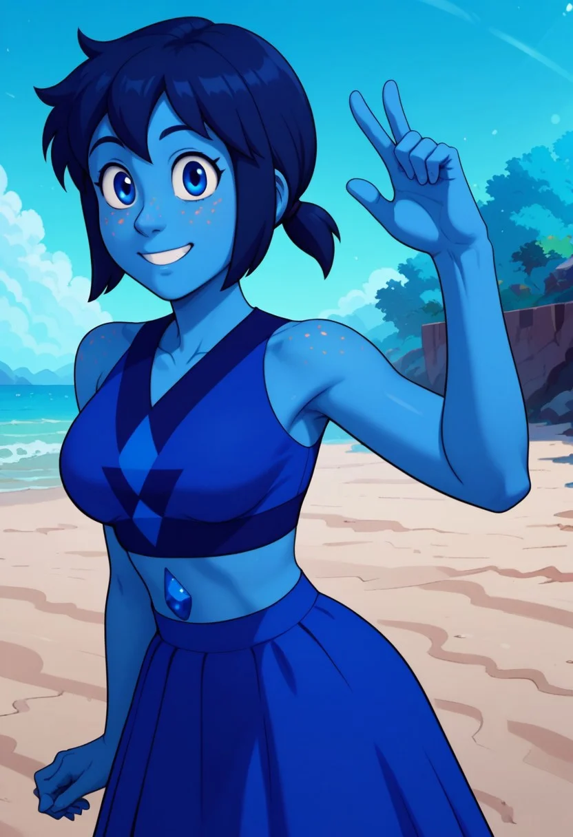((bedroom background)),score_9, score_8_up, score_7_up,score_6_up,
1girl, Solo, NiceLapis_SUF, azure skin, golden freckles, dark blue eyes, dark blue hair, short hair, hairstyle low ponytail, gemstone on her navel, blue top with dark blue details, long blue skirt, barefoot, big eyes, tall stature, social smile, sexy face, close-up, cowboyshot, perfect eyes, perfect smile, looking at the viewer, big breasts, detailed eyes, perfect eyes, cute, standing, head on, front pose