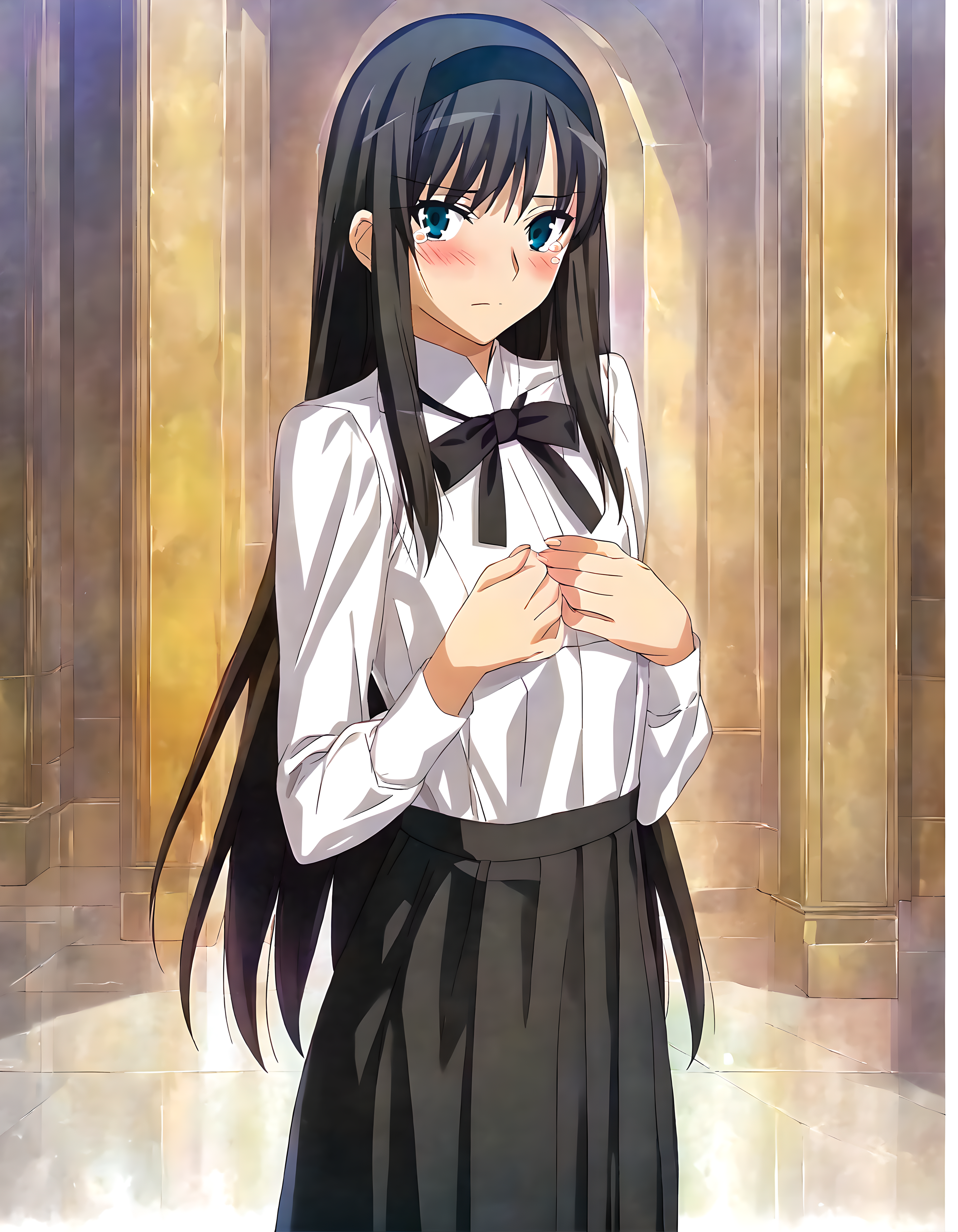 <lora:pony_xl_akiha>,akiha,best quality,masterpiece,super fine illustration,1girl,solo,looking at viewer,white shirt,collared shirt,long sleeves,black ribbon,bowtie,shirt tucked in,neck ribbon,black skirt,high-waist skirt,pleated skirt,long skirt,indoor,mansion,mansion,luxury sofa,light_blush,tearing_up,i'm staring,looking_at_viewer,cowboy_shot,standing,hands_on_own_chest,