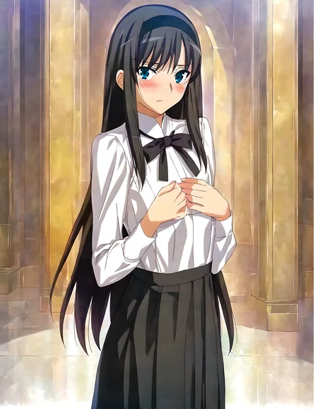 <lora:pony_xl_akiha>,akiha,best quality,masterpiece,super fine illustration,1girl,solo,looking at viewer,white shirt,collared shirt,long sleeves,black ribbon,bowtie,shirt tucked in,neck ribbon,black skirt,high-waist skirt,pleated skirt,long skirt,indoor,mansion,mansion,luxury sofa,light_blush,tearing_up,i'm staring,looking_at_viewer,cowboy_shot,standing,hands_on_own_chest,