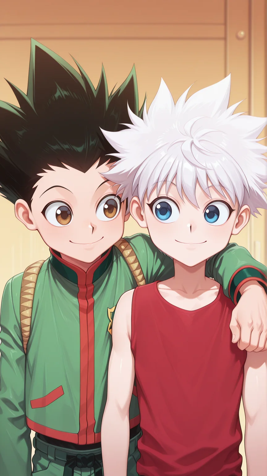 masterpiece, best quality, absurdres, amazing quality, <lora:shoulder-to-shoulder:0.6> shoulder-to-shoulder, arm around the shoulder,, 2boys, <lora:IlluGon:1> illugon, black hair, green hair, spiked hair, brown eyes, green jacket, <lora:IlluKillua:1> illukillua, white hair, blue eyes, smile, looking at another, red tank top,