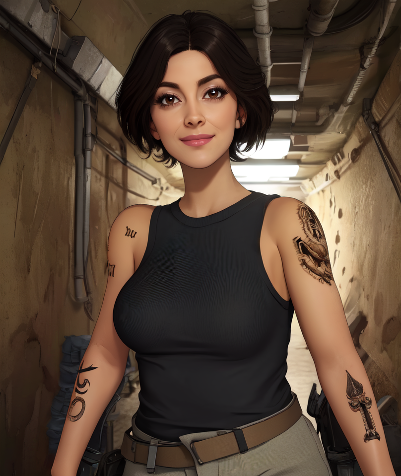 Valeria,black hair,short hair,brown eyes,shoulder tattoo,
black shirt,sleeveless,belt,pants,
standing,upper body,smile,
underground bunker,military,
(insanely detailed, beautiful detailed face, masterpiece, best quality)solo,<lora:Valeria-10CODv8:0.8>,