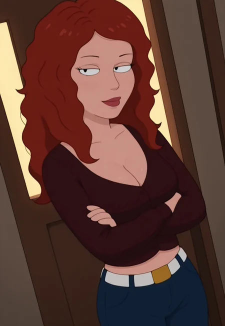 masterpiece, high quality, dynamic angle, 1girl, carofg, solo, red hair, maroon shirt, pants, belt, cleavage, arms crossed, looking at viewer, seductive, sexy, detailed scenery, cinematic lighting