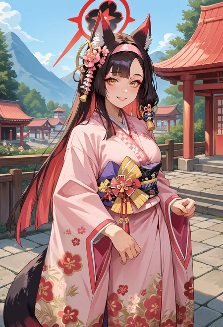 score_9, score_8_up, source_anime, 1girl, solo, WakamoNewYears, animal ears, tail, multicolored hair, long hair, halo, pink hairband, pink hair flower, white kimono, pink kimono, print kimono, floral print, sash, shrine, smile, <lora:ChamKosakaWakamoPonyXL:1>